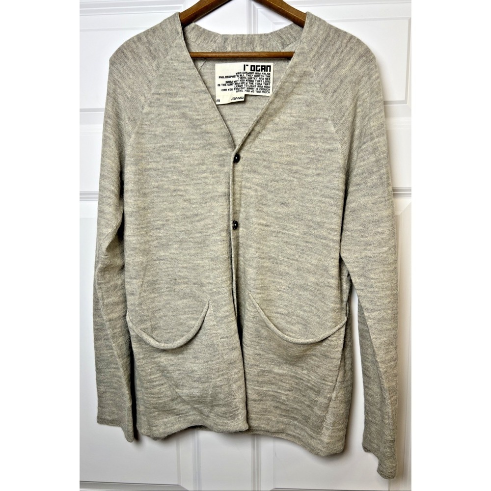 Rogan Men's Baby Alpaca Linen Cardigan Sweater Gray Beige Open Front Peru